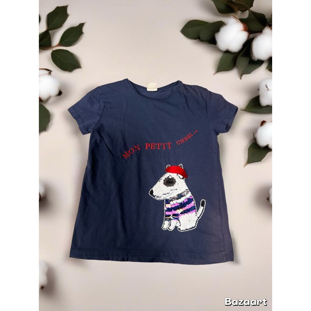 Zara Collection Girl's Blues T-shirt Size 10 Puppy‎ Print Sequin